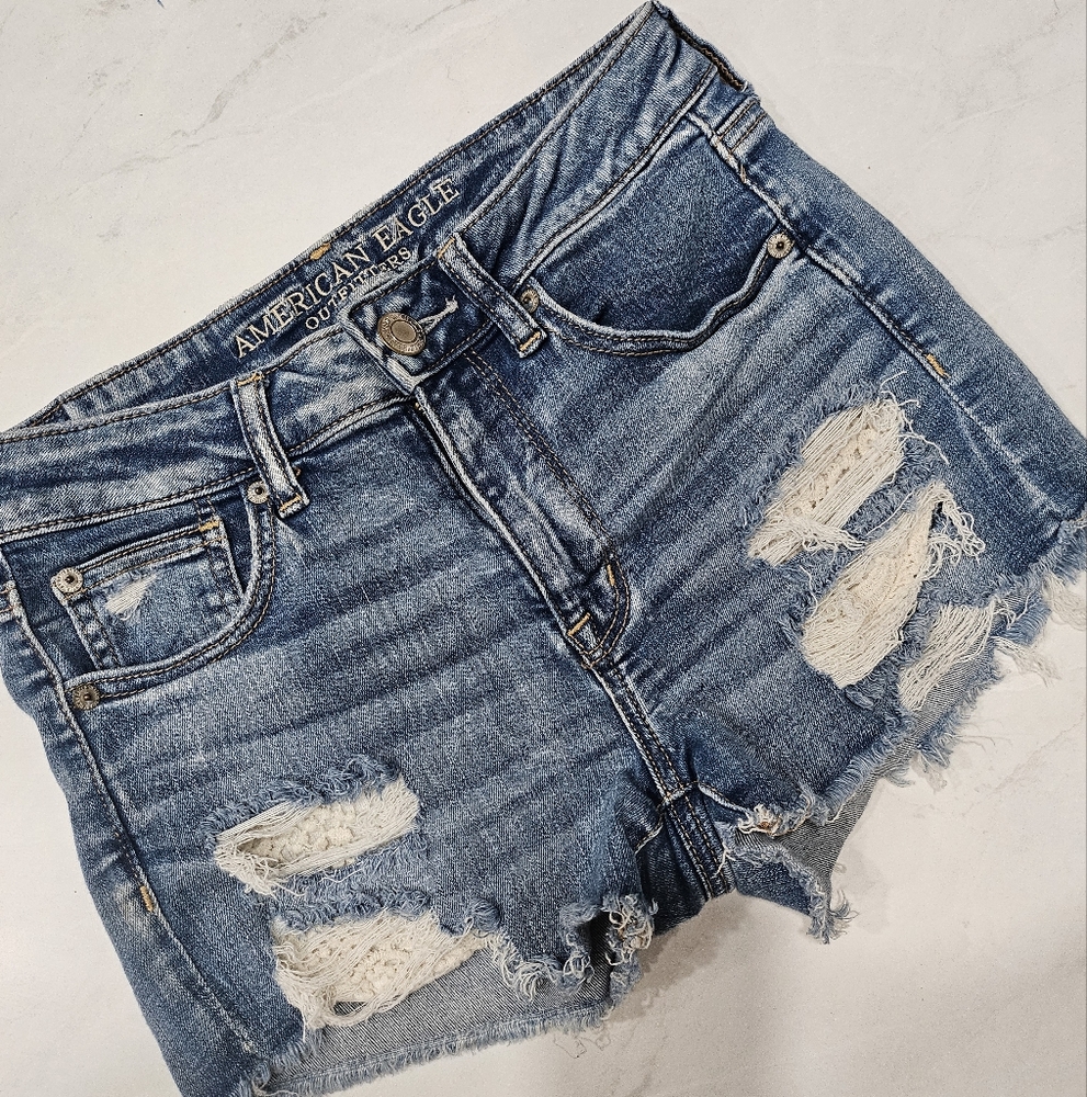 American Eagle Outfitters Women's Distressed Denim Shorts - Blue